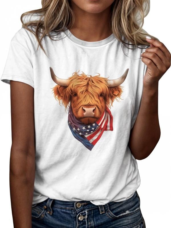 Women'WB shield Cartoon Bull Print Round Neck Tee, Fashion Casual Short Sleeve T-shirt, Ladies Summer TNF for Daily Wear...