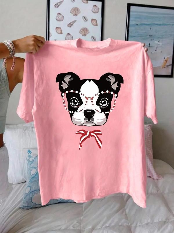 Women'WB shield Cartoon Bulldog Print Round Neck Tee, Fashion Casual Short Sleeve Crew Neck T-shirt for Daily Holiday...