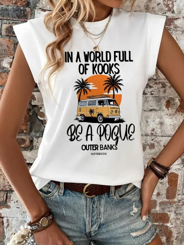 Women'WB shield Cartoon Bus Print Round Neck Tee, Fashion Casual Short Sleeve T-shirt for Daily Wear, Ladies Summer TNF,...