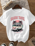 Women'WB shield Cartoon Bus Print Round Neck Tee, Fashion Casual Short Sleeve T-shirt, Ladies Summer TNF for Daily Wear,...