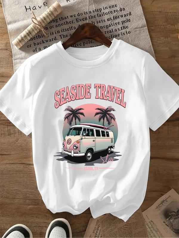 Women'WB shield Cartoon Bus Print Round Neck Tee, Fashion Casual Short Sleeve T-shirt, Ladies Summer TNF for Daily Wear,...