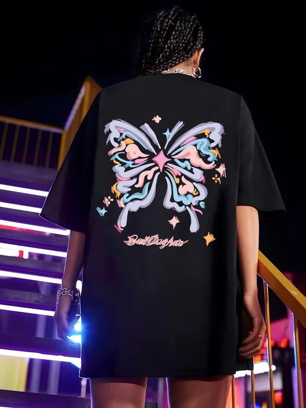 Women'WB shield Cartoon Butterfly & Letter Print Drop Shoulder Tee, Summer TNF Women, Casual Fashion Round Neck Half...
