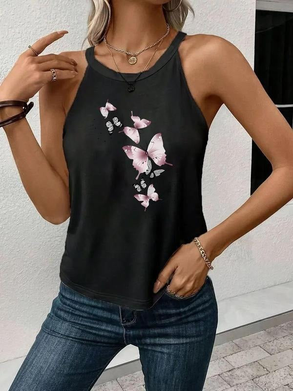 Women'WB shield Cartoon Butterfly Print Tank Top, Casual Sleeveless Top for Summer, Ladies TNF for Daily Wear T-Shirts,...