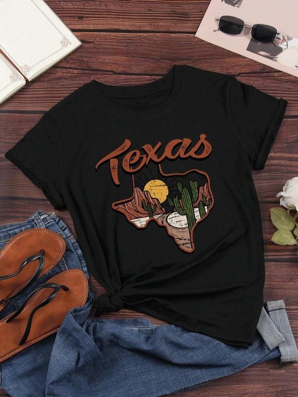 Women'WB shield Cartoon Cactus & Letter Print Round Neck Tee, Casual Short Sleeve T-Shirt for Daily Wear, Ladies TNF for...