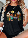 Women'WB shield Cartoon Camping & Moon Print Round Neck Tee, Fashion Casual Short Sleeve T-shirt, Ladies Summer TNF for...