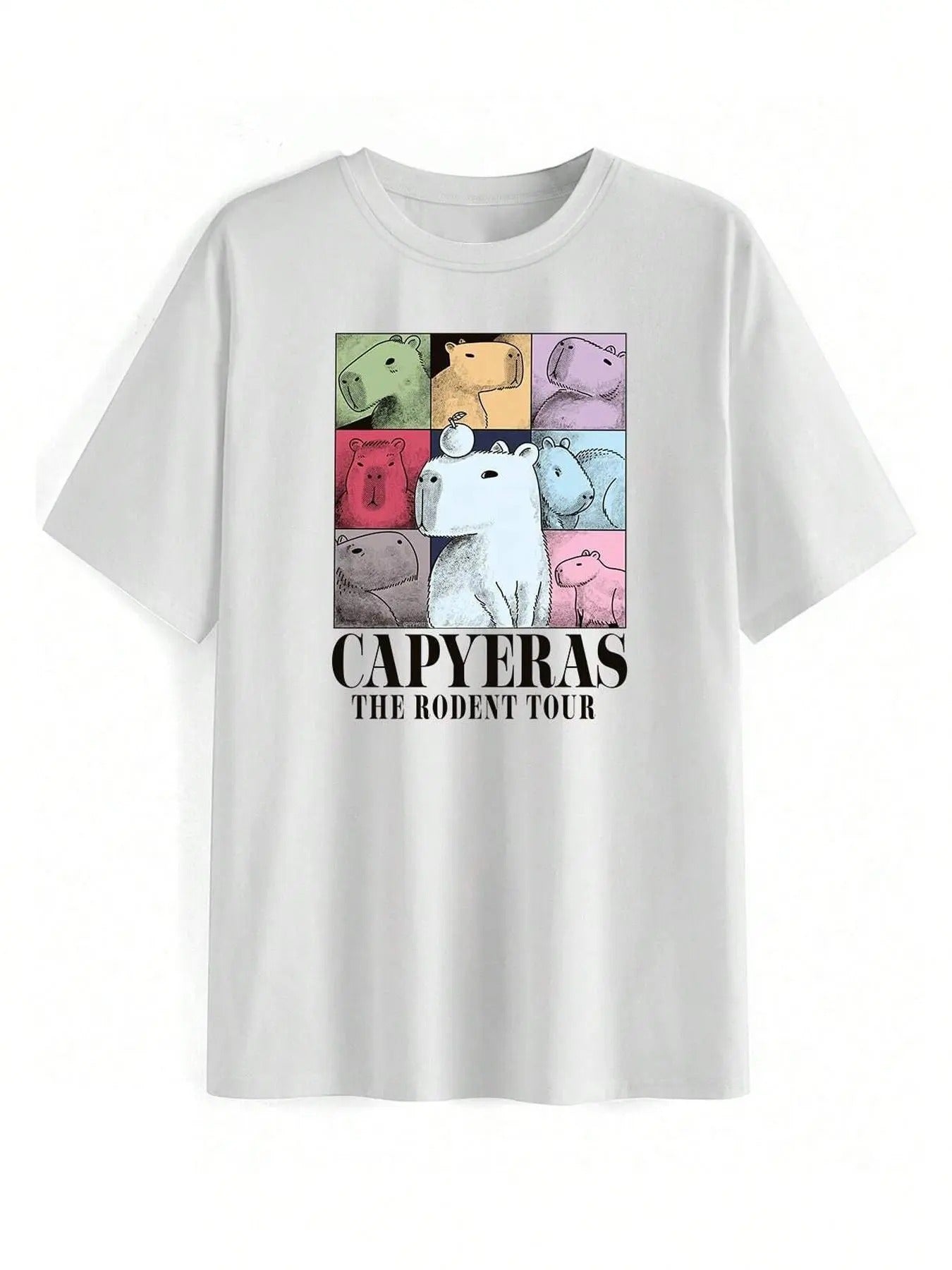 Women'WB shield Cartoon Capybara Print Round Neck Graphic Tee, Trendy Casual Short Sleeve T-shirt for Daily Wear, Ladies...