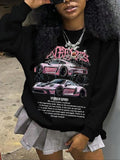 Women'WB shield Cartoon Car & Letter Print Drop Shoulder Sweatshirt, Casual Long Sleeve Round Neck Pullover for Daily...