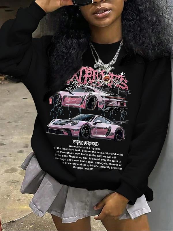 Women'WB shield Cartoon Car & Letter Print Drop Shoulder Sweatshirt, Casual Long Sleeve Round Neck Pullover for Daily...