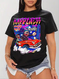 Women'WB shield Cartoon Car & Letter Print Round Neck Tee, Fashion Casual Crew Neck Short Sleeve T-shirt for Daily...