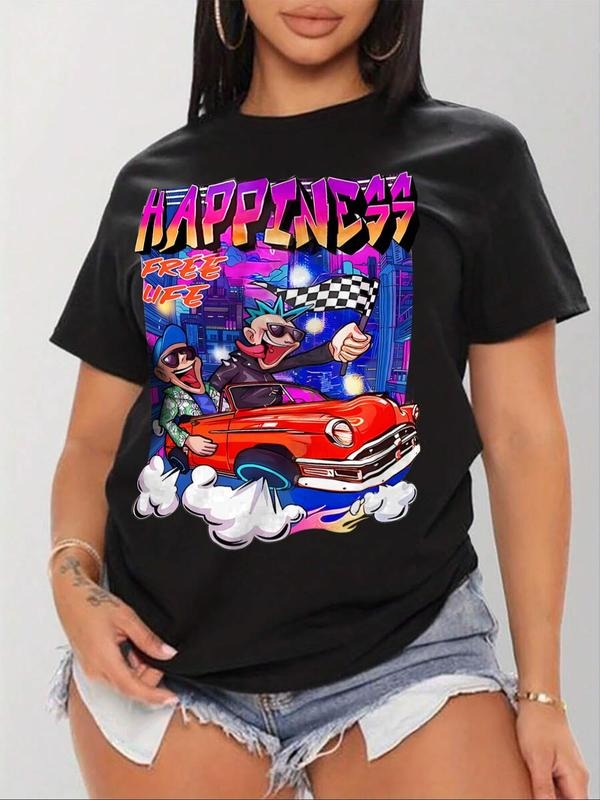 Women'WB shield Cartoon Car & Letter Print Round Neck Tee, Fashion Casual Crew Neck Short Sleeve T-shirt for Daily...