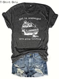 Women'WB shield Cartoon Car & Letter Print Round Neck Tee, Fashion Casual Short Sleeve T-shirt for Daily Wear, Ladies...