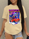 Women'WB shield Cartoon Car & Letter Print Round Neck Tee, Fashion Casual Short Sleeve T-shirt for Daily Wear, Ladies TNF...