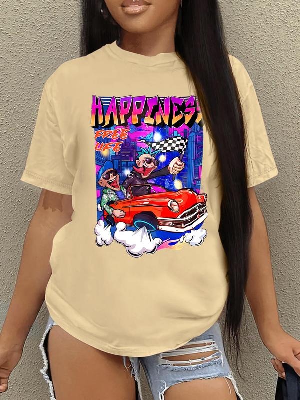 Women'WB shield Cartoon Car & Letter Print Round Neck Tee, Fashion Casual Short Sleeve T-shirt for Daily Wear, Ladies TNF...