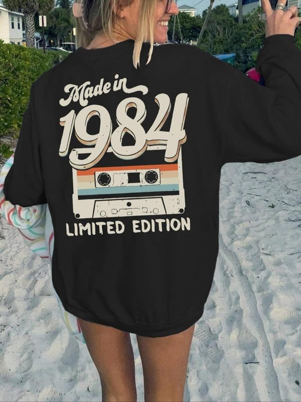 Women'WB shield Cartoon Cassette Tape & Letter Print Drop Shoulder Sweatshirt, Casual Long Sleeve Round Neck Pullover for...