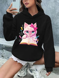Women'WB shield Cartoon Cat & Book Print Drop Shoulder Hoodie, Fashion Casual Long Sleeve Hooded Sweatshirt for Daily...