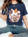 Women'WB shield Cartoon Cat & Bubble Tea Print Round Neck Tee, Fashion Casual Crew Neck T-Shirt for Daily Holiday...