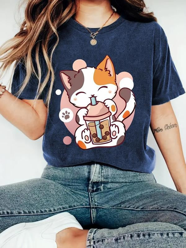 Women'WB shield Cartoon Cat & Bubble Tea Print Round Neck Tee, Fashion Casual Crew Neck T-Shirt for Daily Holiday...