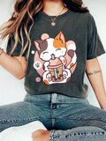 Women'WB shield Cartoon Cat & Bubble Tea Print Round Neck Tee, Fashion Casual Crew Neck T-Shirt for Daily Holiday...