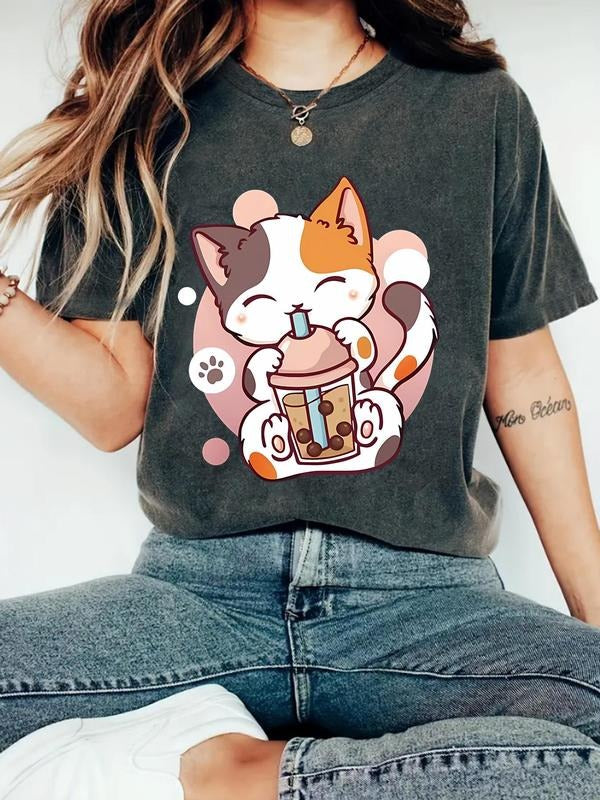 Women'WB shield Cartoon Cat & Bubble Tea Print Round Neck Tee, Fashion Casual Crew Neck T-Shirt for Daily Holiday...