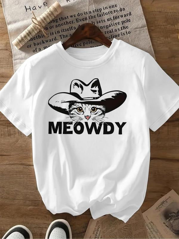 Women'WB shield Cartoon Cat & Cow Print Round Neck Tee, Fashion Casual Crew Neck T-Shirt for Daily Holiday Vacation...