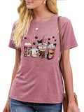 Women'WB shield Cartoon Cat & Drink Print Round Neck Tee, Fashion Casual Short Sleeve T-shirt for Daily Outdoor Wear,...