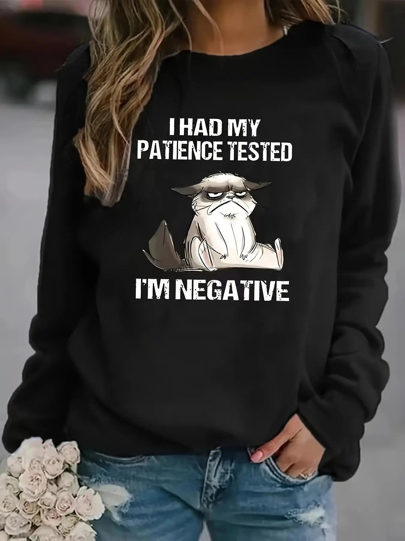 Women'WB shield Cartoon Cat & Letter Print Drop Shoulder Pullover, Fashion Casual Crew Neck Sweatshirt for Daily Holiday...