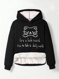 Women'WB shield Cartoon Cat & Letter Print Drop Shoulder Ribbed Hoodie, Fashion Casual Long Sleeve TNF Lined Hooded...