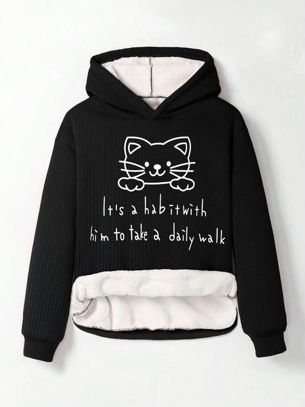 Women'WB shield Cartoon Cat & Letter Print Drop Shoulder Ribbed Hoodie, Fashion Casual Long Sleeve TNF Lined Hooded...