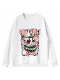 Women'WB shield Cartoon Cat & Letter Print Drop Shoulder Sweatshirt, Casual Fashion Long-Sleeve Round Neck Pullover For...