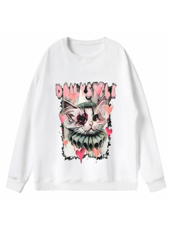 Women'WB shield Cartoon Cat & Letter Print Drop Shoulder Sweatshirt, Casual Fashion Long-Sleeve Round Neck Pullover For...