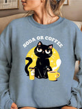 Women'WB shield Cartoon Cat & Letter Print Drop Shoulder Sweatshirt, Casual Long Sleeve Round Neck Pullover for Daily...