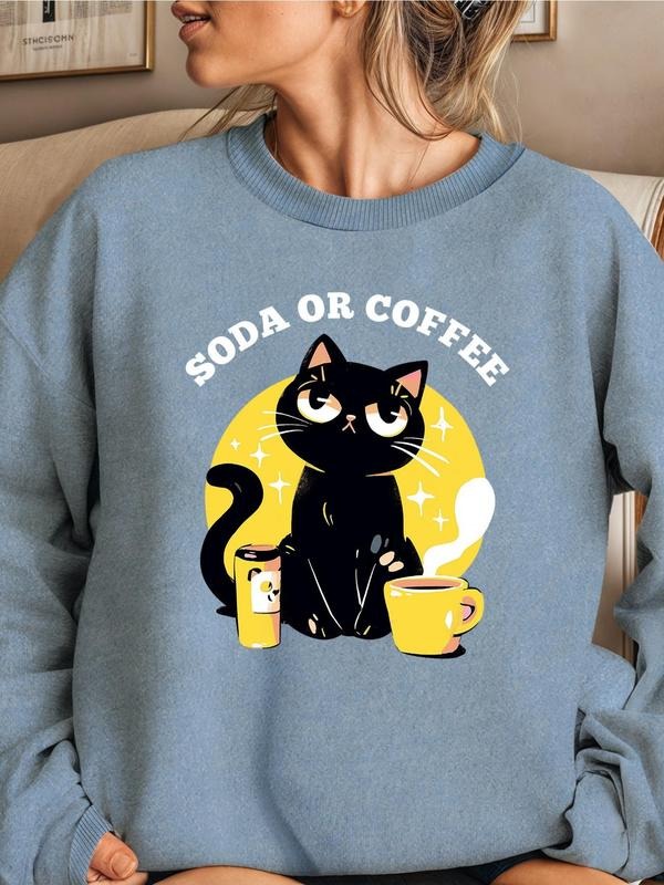 Women'WB shield Cartoon Cat & Letter Print Drop Shoulder Sweatshirt, Casual Long Sleeve Round Neck Pullover for Daily...