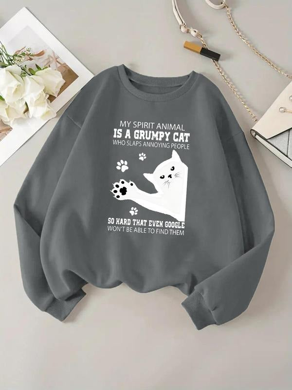 Women'WB shield Cartoon Cat & Letter Print Drop Shoulder Sweatshirt, Casual Long Sleeve Round Neck Pullover for Daily...