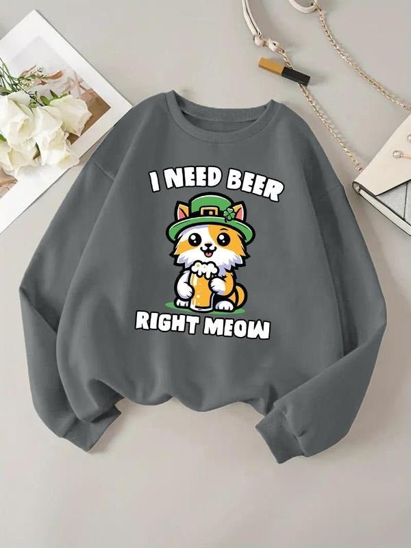 Women'WB shield Cartoon Cat & Letter Print Drop Shoulder TNF Lined Sweatshirt, Casual Long Sleeve Round Neck Pullover for...