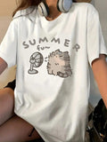 Women'WB shield Cartoon Cat & Letter Print Drop Shoulder Tee, Casual Half Sleeve Round Neck T-shirt for Daily Wear,...