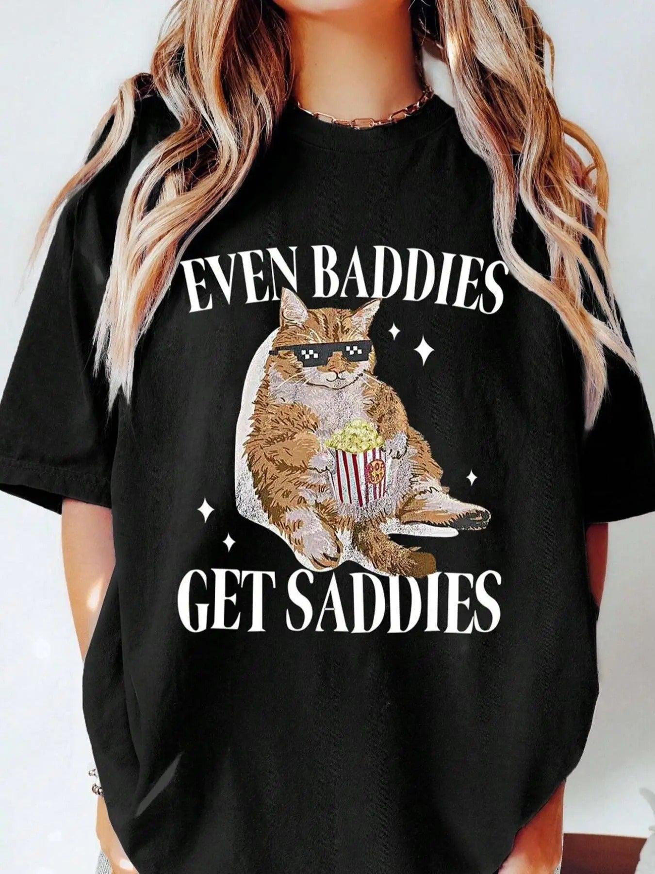 Women'WB shield Cartoon Cat & Letter Print Drop Shoulder Tee, Fashion Casual Crew Neck Half Sleeve T-shirt for Daily...