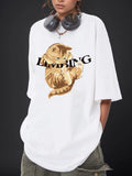 Women'WB shield Cartoon Cat & Letter Print Drop Shoulder Tee, Street Round Neck Half Sleeve T-shirt for Daily Outdoor...