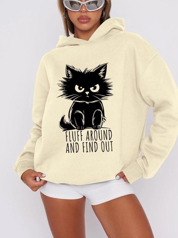 Women'WB shield Cartoon Cat & Letter Print Hoodie, Casual Drop Shoulder Long Sleeve Hooded Sweatshirt, Lady Fall & Winter...