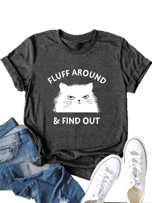 Women'WB shield Cartoon Cat & Letter Print Round Neck Graphic Tee, Casual Short Sleeve T-Shirt for Summer, Women'WB...