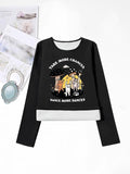 Women'WB shield Cartoon Cat & Letter Print Round Neck Sweatshirt, Casual Long Sleeve Crew Neck Pullover for Fall &...