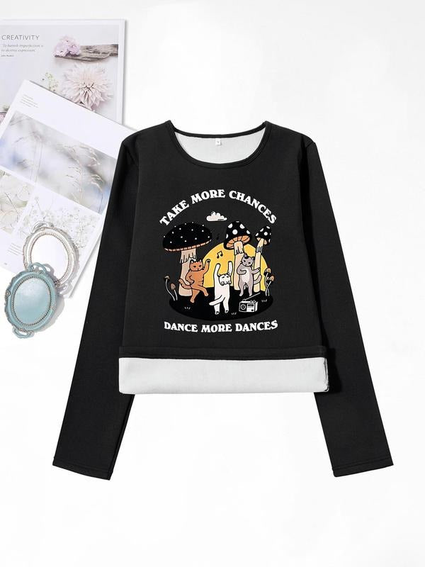 Women'WB shield Cartoon Cat & Letter Print Round Neck Sweatshirt, Casual Long Sleeve Crew Neck Pullover for Fall &...