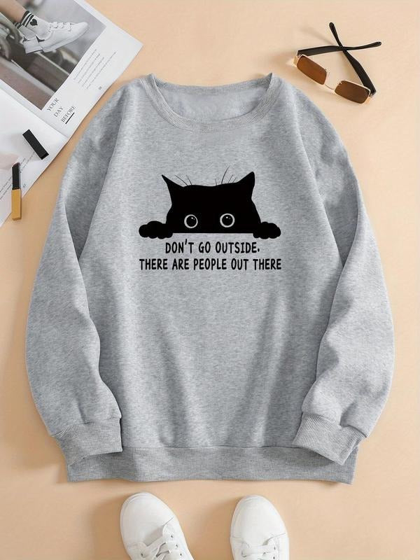 Women'WB shield Cartoon Cat & Letter Print Round Neck Sweatshirt, Casual Long Sleeve Crew Neck Pullover for Fall &...