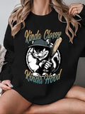 Women'WB shield Cartoon Cat & Letter Print Round Neck Sweatshirt, Casual Long Sleeve Crew Neck Pullover for Fall &...