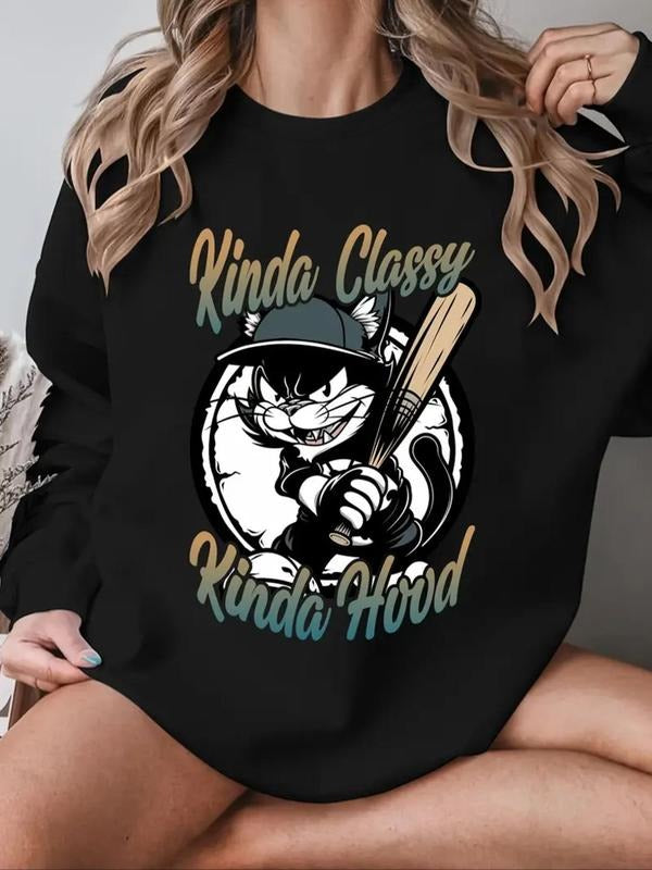Women'WB shield Cartoon Cat & Letter Print Round Neck Sweatshirt, Casual Long Sleeve Crew Neck Pullover for Fall &...