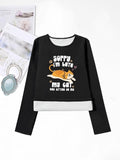 Women'WB shield Cartoon Cat & Letter Print Round Neck TNF Lined T-shirts, Casual Long Sleeve Crew Neck Tee for Fall &...