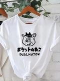 Women'WB shield Cartoon Cat & Letter Print Round Neck Tee, Casual Short Sleeve Crew Neck T-shirt, Women'WB shield Top for...