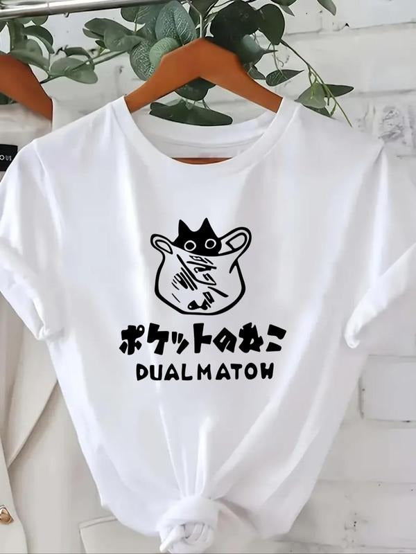 Women'WB shield Cartoon Cat & Letter Print Round Neck Tee, Casual Short Sleeve Crew Neck T-shirt, Women'WB shield Top for...