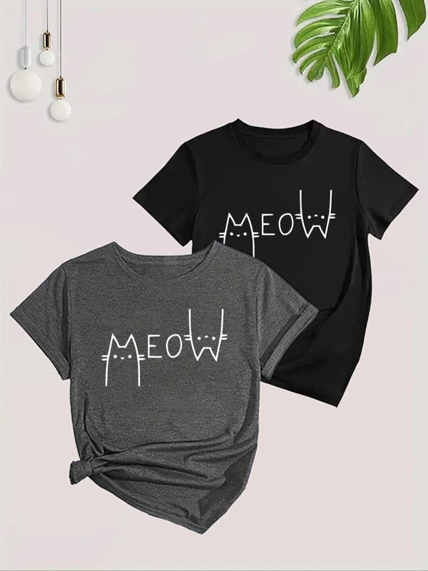 Women'WB shield Cartoon Cat & Letter Print Round Neck Tee, Casual Short Sleeve T-Shirt for Summer, Ladies TNF for Daily...