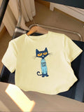 Women'WB shield Cartoon Cat & Letter Print Round Neck Tee, Casual Slim-fitting Short Sleeve T-shirt, Ladies Summer TNF...