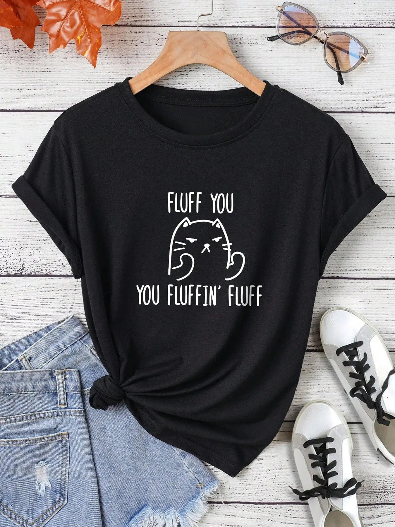 Women'WB shield Cartoon Cat & Letter Print Round Neck Tee, Cute Graphic Short Sleeve T-Shirt for Daily Wear, Ladies...